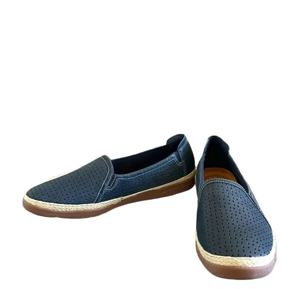 Clarks NEW Elaina Ruby Leather Perforated Slip-On Espadrilles In Navy  Size 12