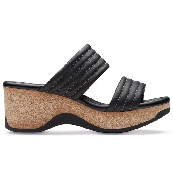 CLARKS Women's Chelseah Path Slide Wedge Leather Sandals Black Size 8 AUTHENTIC