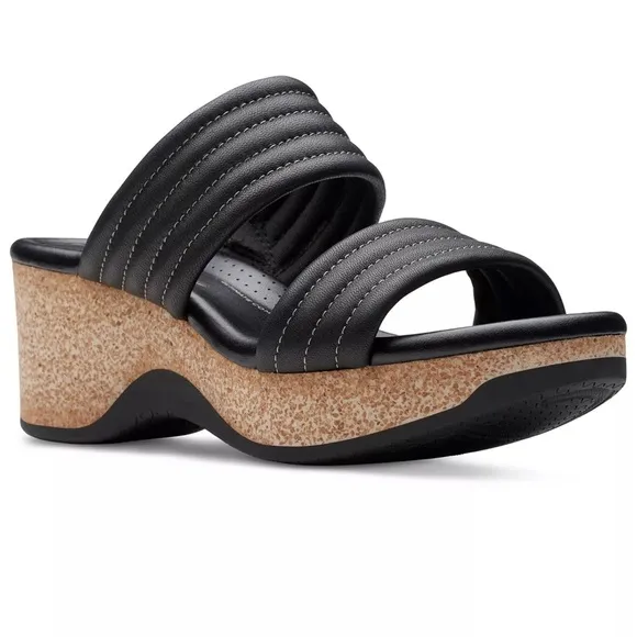 CLARKS Women's Chelseah Path Slide Wedge Leather Sandals Black Size 8 AUTHENTIC