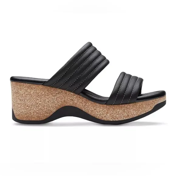 CLARKS Women's Chelseah Path Slide Wedge Leather Sandals Black Size 8 AUTHENTIC