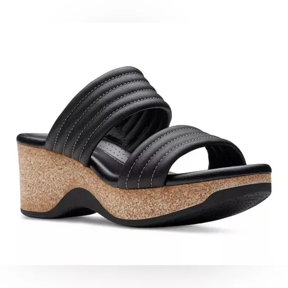 CLARKS Women's Chelseah Path Slide Wedge Leather Sandals Black Size 8 AUTHENTIC