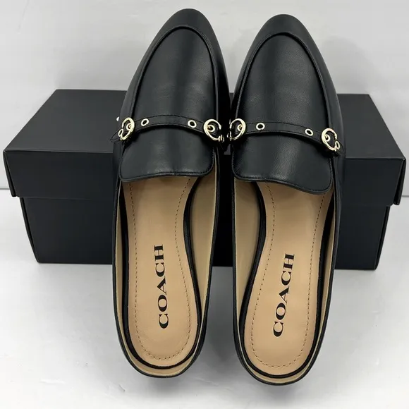 COACH BLACK ALL LEATHER IRENE MULE LOAFER EITH GOLD LOGO &amp; HARDWARE, SIZE 9-B