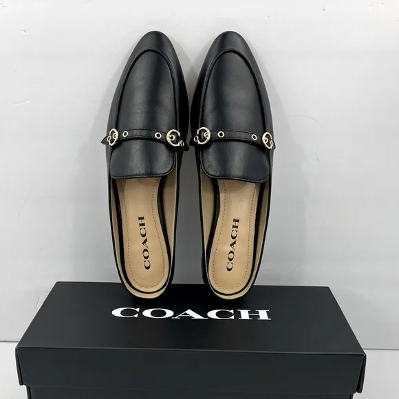 COACH BLACK ALL LEATHER IRENE MULE LOAFER EITH GOLD LOGO &amp; HARDWARE, SIZE 9-B