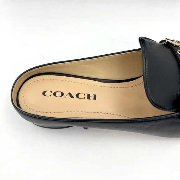 COACH BLACK ALL LEATHER IRENE MULE LOAFER EITH GOLD LOGO &amp; HARDWARE, SIZE 9-B