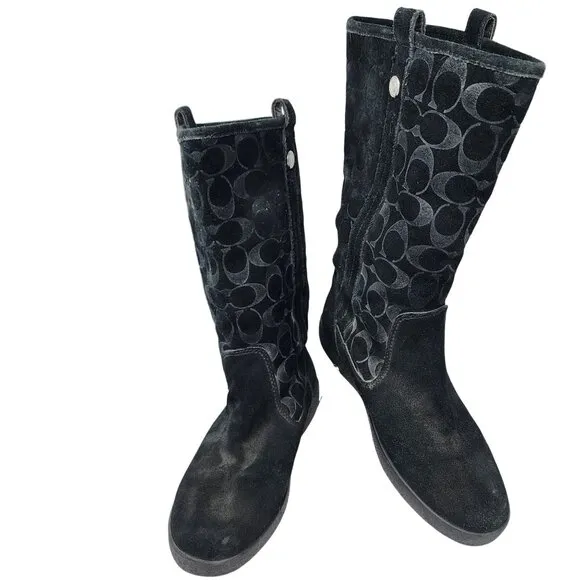 Coach Black Suede Tulip F2020/G12 Monogram Mid-Calf Boots Womens Size 9B
