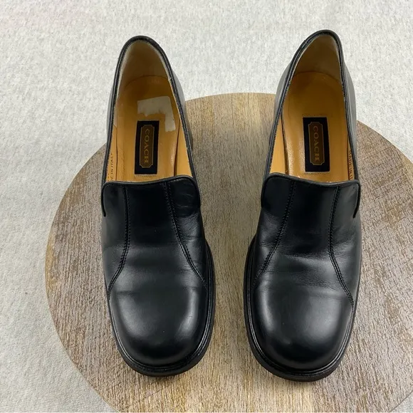 Coach J331 Women’s Loafers size:7B Leather Upper Slip-On chunky Block Heel Black