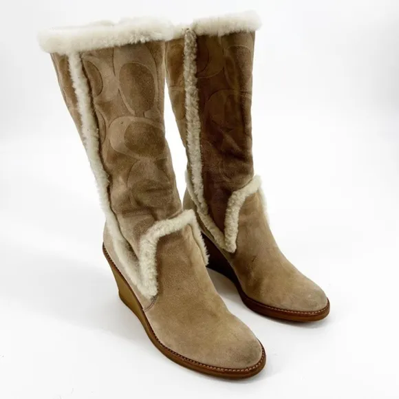 Coach Jordana Signature Suede Shearling Tan Boots Size 7.5