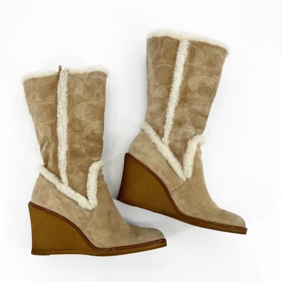 Coach Jordana Signature Suede Shearling Tan Boots Size 7.5