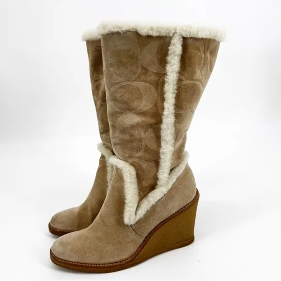 Coach Jordana Signature Suede Shearling Tan Boots Size 7.5