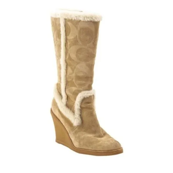 Coach Jordana Signature Suede Shearling Tan Boots Size 7.5