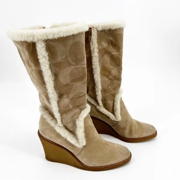 Coach Jordana Signature Suede Shearling Tan Boots Size 7.5