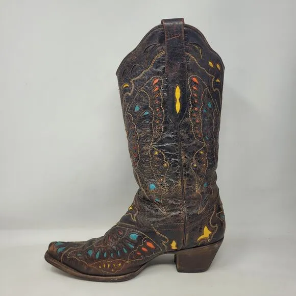 Corral Boots Womens 9M Brown Distressed Butterfly Rainbow Cowboy Western A1928