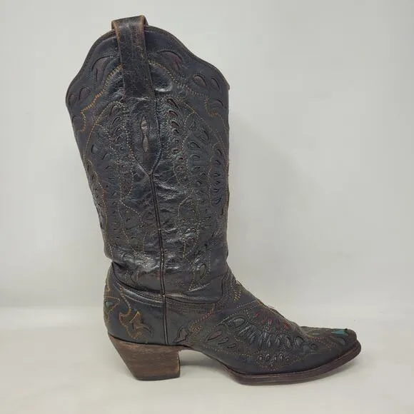 Corral Boots Womens 9M Brown Distressed Butterfly Rainbow Cowboy Western A1928