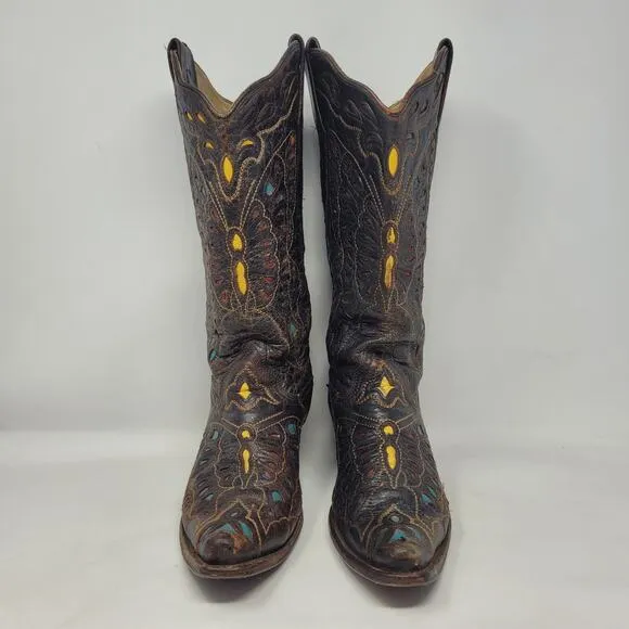 Corral Boots Womens 9M Brown Distressed Butterfly Rainbow Cowboy Western A1928
