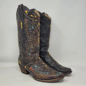 Corral Boots Womens 9M Brown Distressed Butterfly Rainbow Cowboy Western A1928