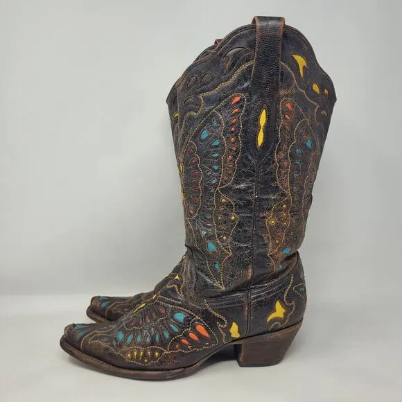 Corral Boots Womens 9M Brown Distressed Butterfly Rainbow Cowboy Western A1928