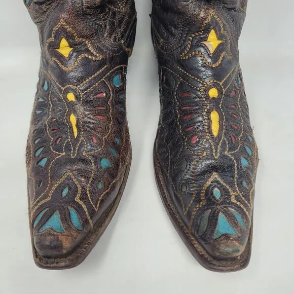 Corral Boots Womens 9M Brown Distressed Butterfly Rainbow Cowboy Western A1928