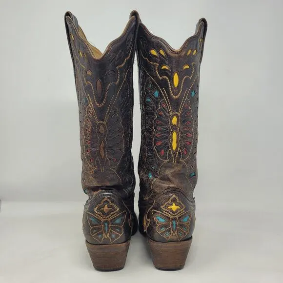 Corral Boots Womens 9M Brown Distressed Butterfly Rainbow Cowboy Western A1928