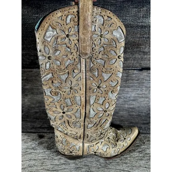 Corral Ladies Sand Brown Glitter Inlay &amp; Studs Knee-High Boots Style A3673 9.5