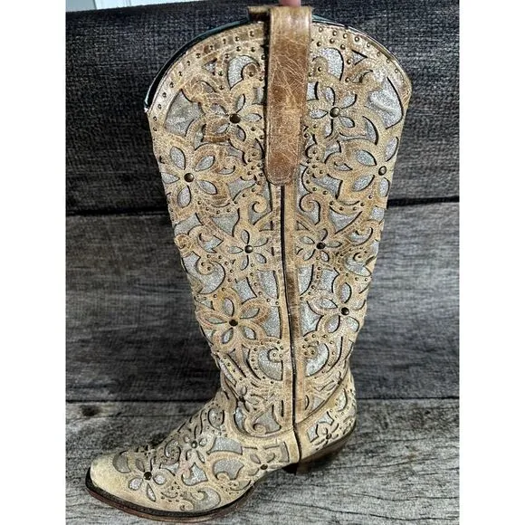 Corral Ladies Sand Brown Glitter Inlay &amp; Studs Knee-High Boots Style A3673 9.5