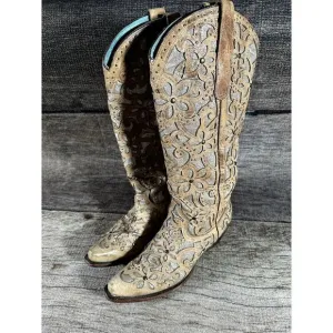 Corral Ladies Sand Brown Glitter Inlay &amp; Studs Knee-High Boots Style A3673 9.5