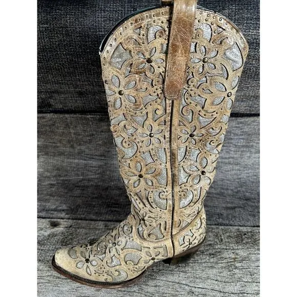 Corral Ladies Sand Brown Glitter Inlay &amp; Studs Knee-High Boots Style A3673 9.5