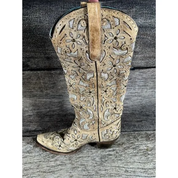 Corral Ladies Sand Brown Glitter Inlay &amp; Studs Knee-High Boots Style A3673 9.5
