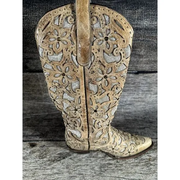 Corral Ladies Sand Brown Glitter Inlay &amp; Studs Knee-High Boots Style A3673 9.5