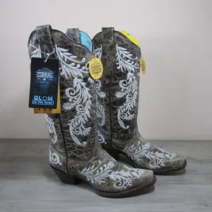 Corral Women's 7.5 Glow In The Dark Studded Snip Toe Cowboy Boots Light Brown/Wh