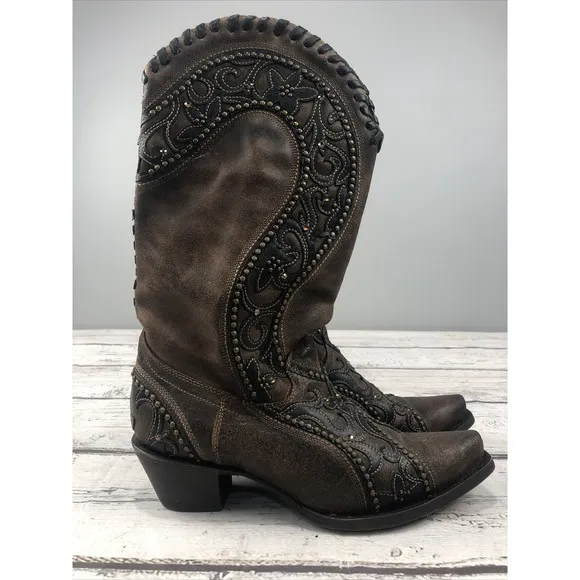Corral Womens Brown Overlay Woven Crystals Studs Cowgirl Boot E1539 Size 7