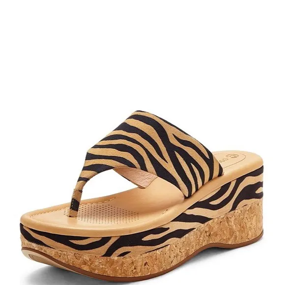 🆕{CORSO COMO} Arowin Zebra Print Leather Thong Cork Platform Sandals