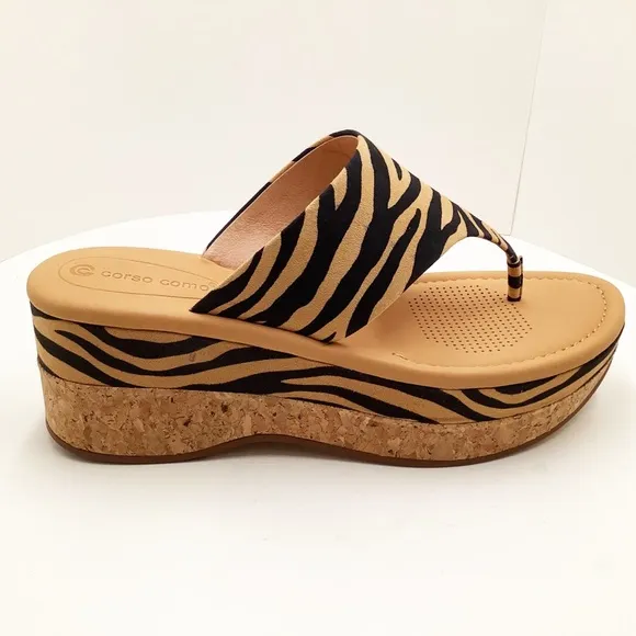 🆕{CORSO COMO} Arowin Zebra Print Leather Thong Cork Platform Sandals