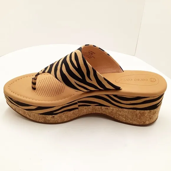 🆕{CORSO COMO} Arowin Zebra Print Leather Thong Cork Platform Sandals