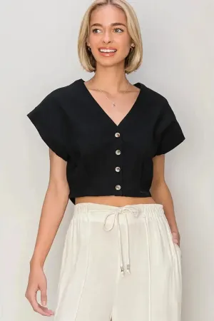 Cotton V-Neck Button-Down Crop Top - Trendy Summer Boutique Top
