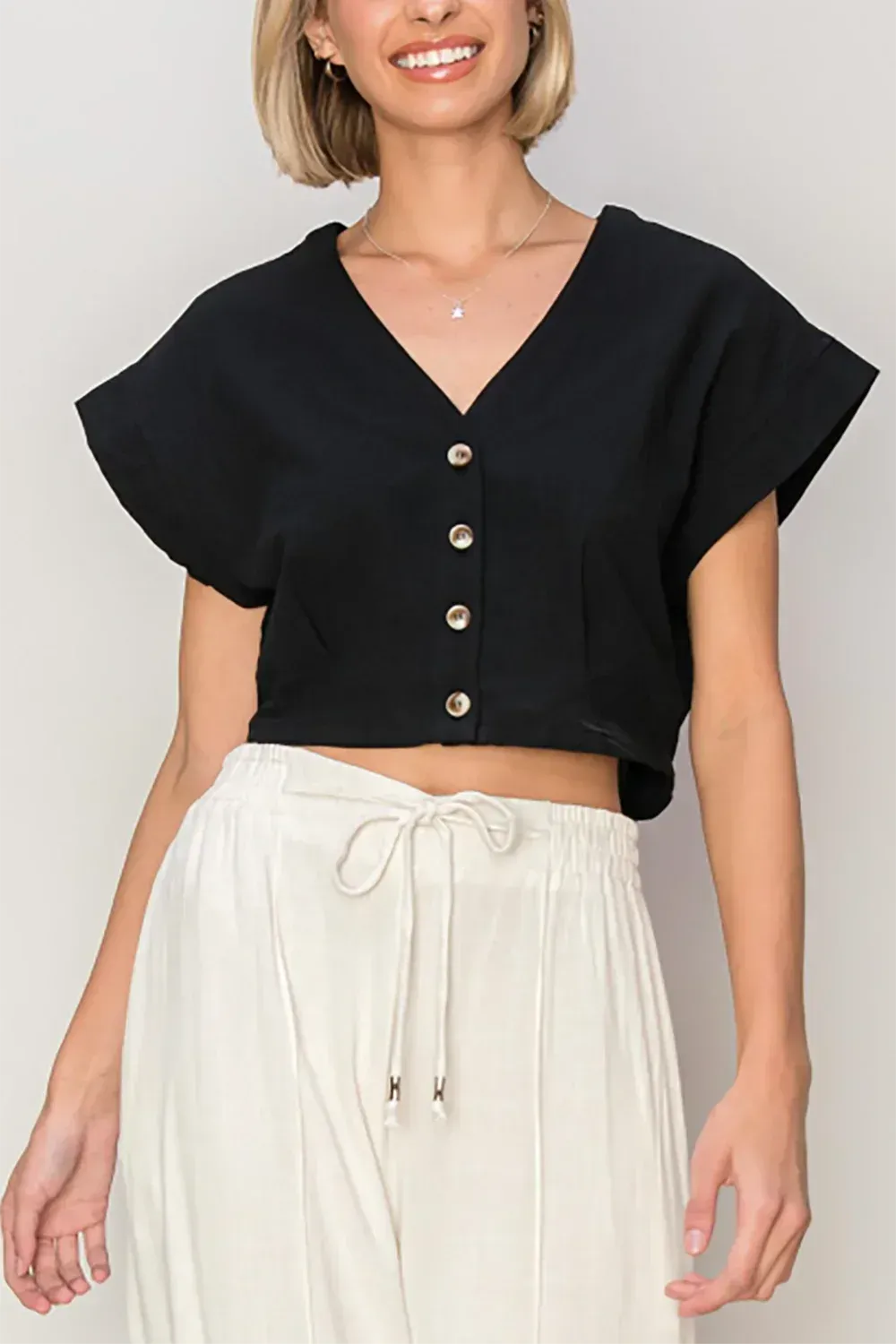 Cotton V-Neck Button-Down Crop Top - Trendy Summer Boutique Top