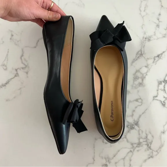 C.Paravano Aida Pointed Bow Flats – Black - Size 40​