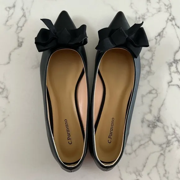 C.Paravano Aida Pointed Bow Flats – Black - Size 40​