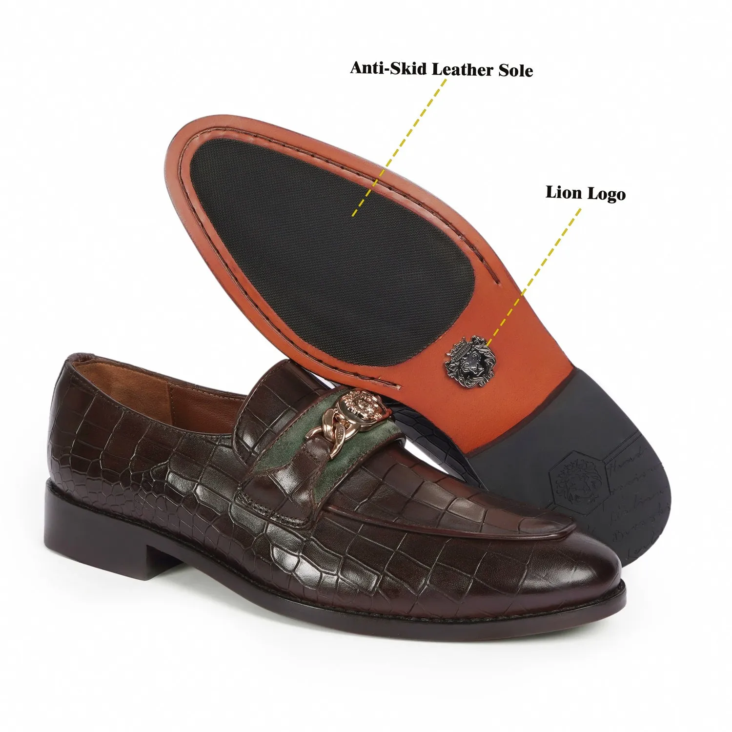 Croco Textured Brown Loafer with Raised Metal Lion Chain Embellishment