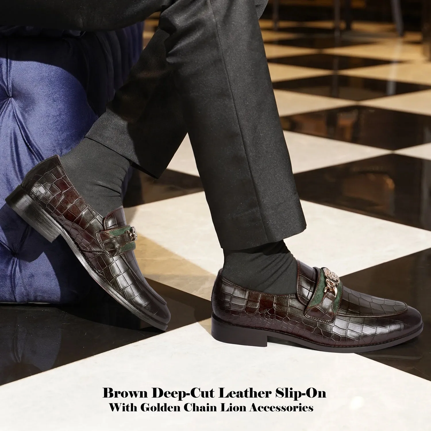 Croco Textured Brown Loafer with Raised Metal Lion Chain Embellishment