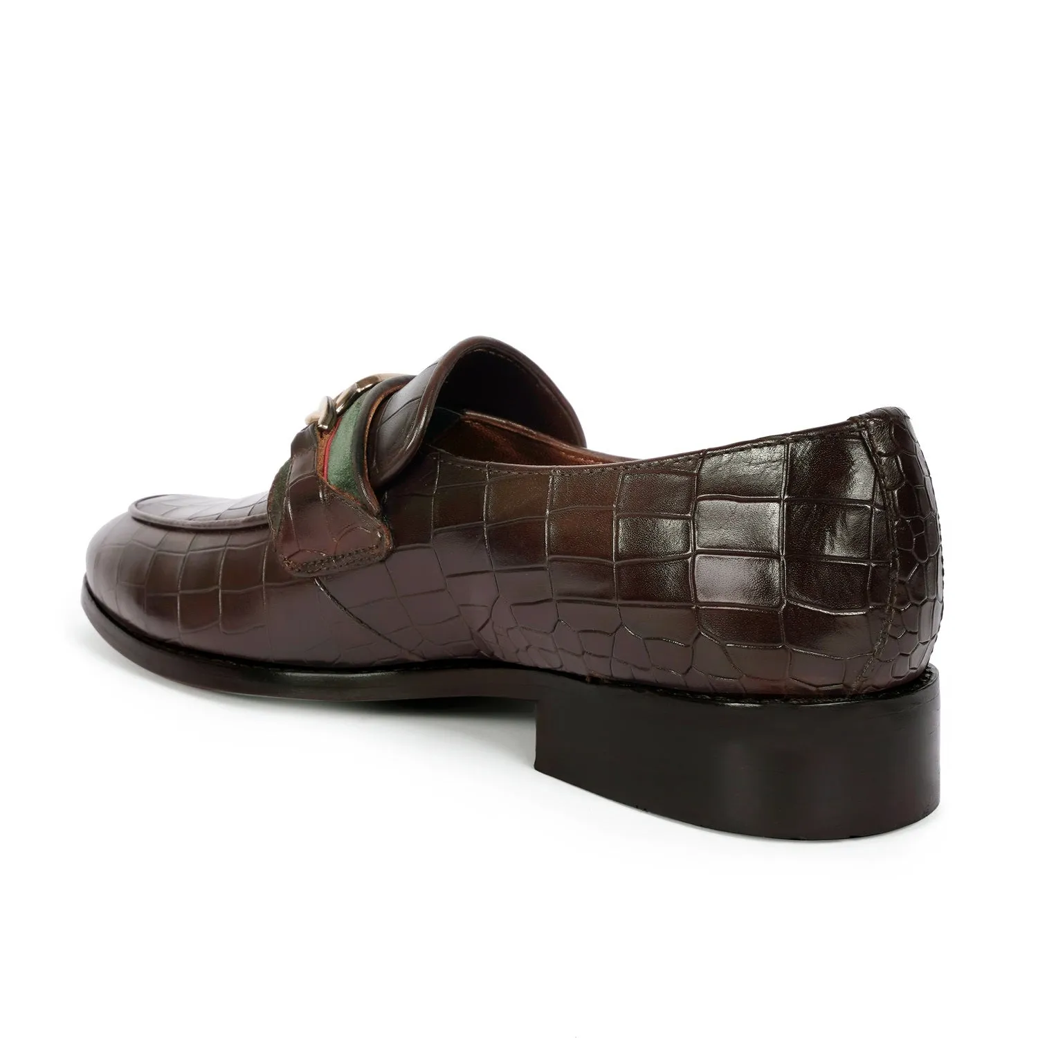 Croco Textured Brown Loafer with Raised Metal Lion Chain Embellishment