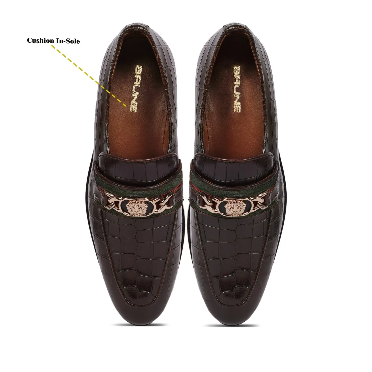 Croco Textured Brown Loafer with Raised Metal Lion Chain Embellishment