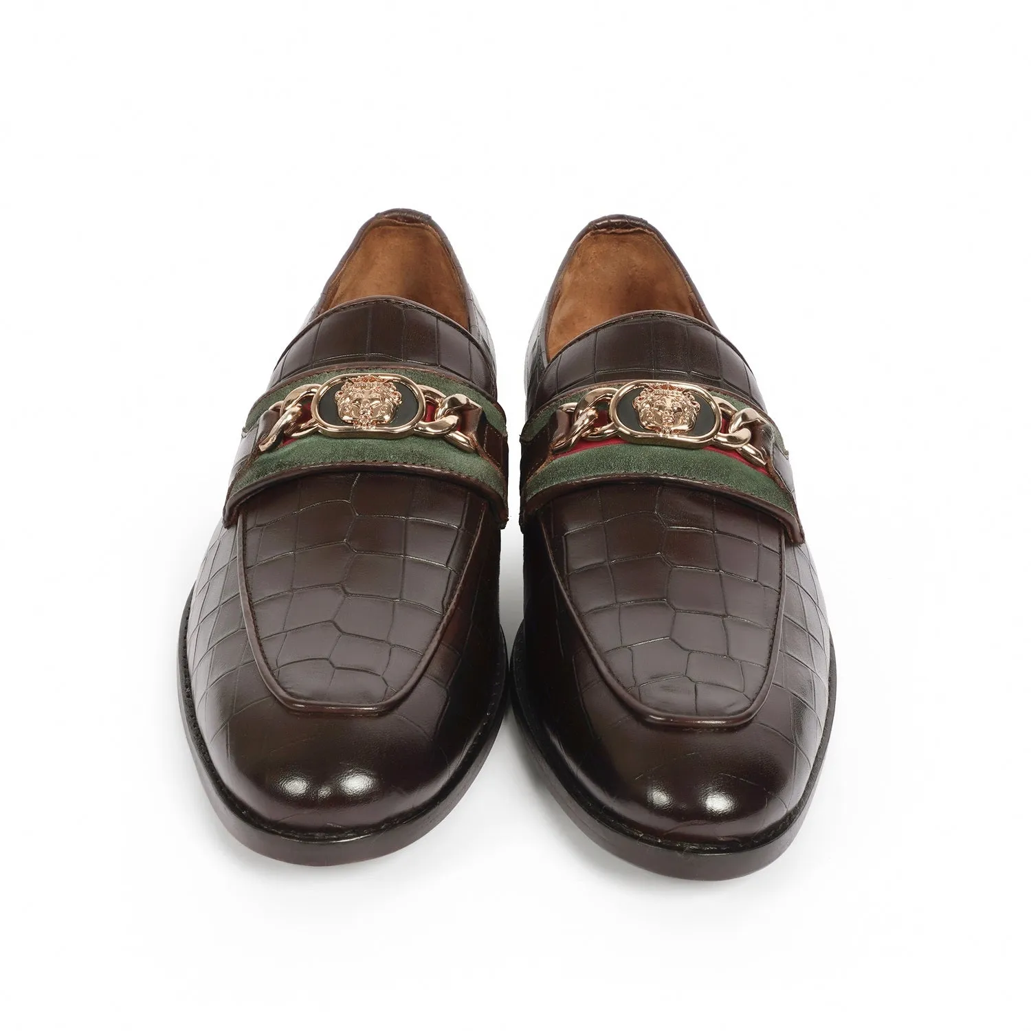 Croco Textured Brown Loafer with Raised Metal Lion Chain Embellishment