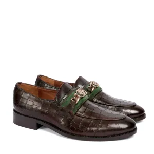 Croco Textured Brown Loafer with Raised Metal Lion Chain Embellishment
