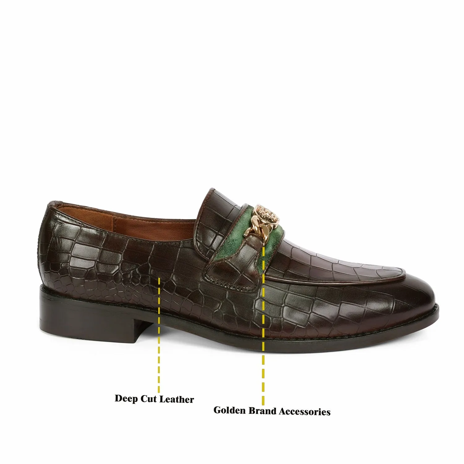 Croco Textured Brown Loafer with Raised Metal Lion Chain Embellishment