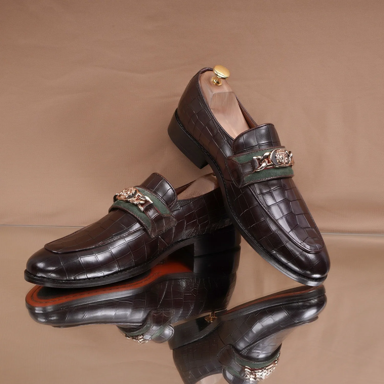 Croco Textured Brown Loafer with Raised Metal Lion Chain Embellishment