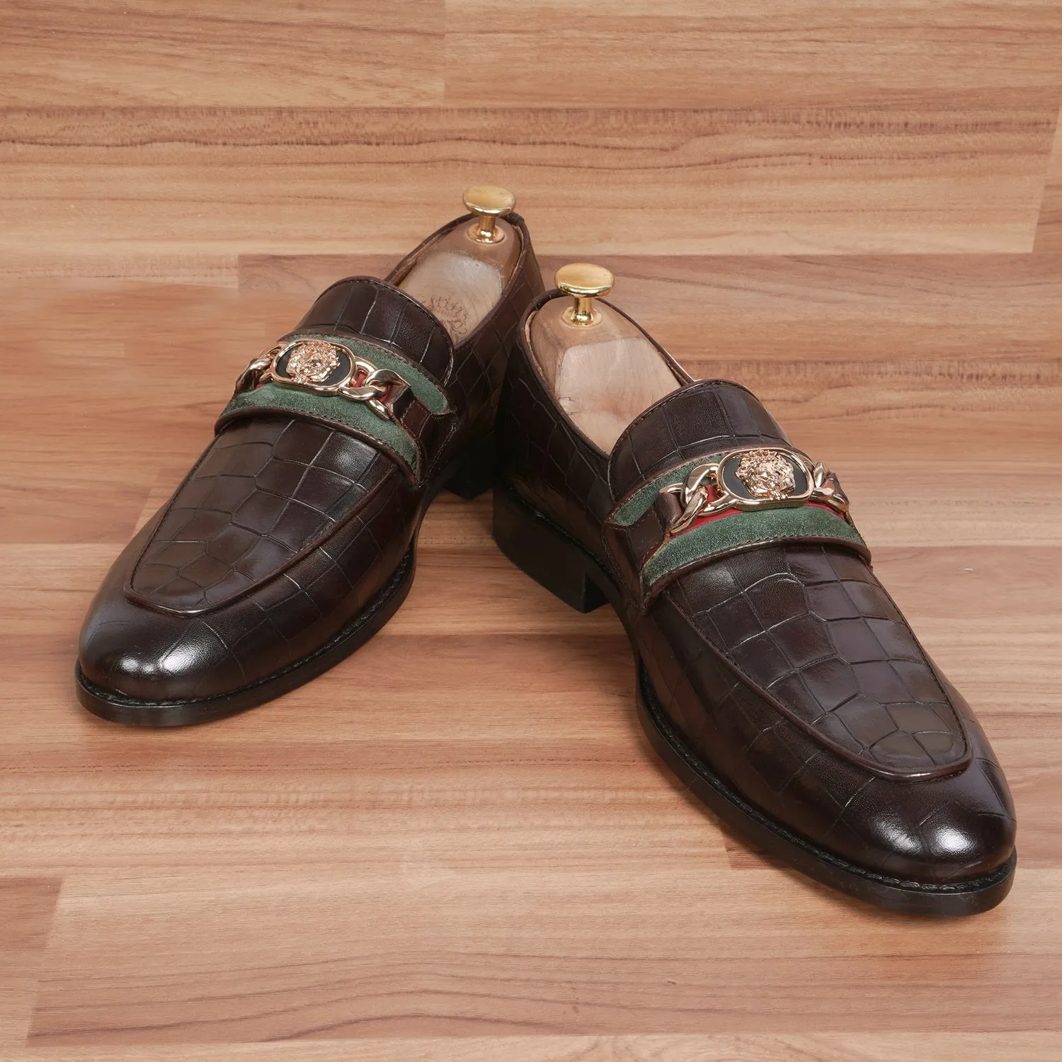 Croco Textured Brown Loafer with Raised Metal Lion Chain Embellishment