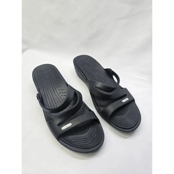 Crocs Patricia Wedge Strappy Slide Slip On Sandals Womens Size 9 Black