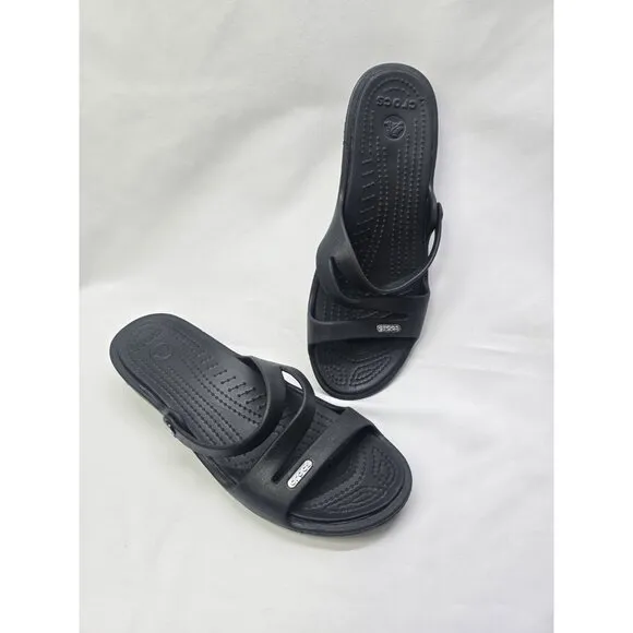Crocs Patricia Wedge Strappy Slide Slip On Sandals Womens Size 9 Black