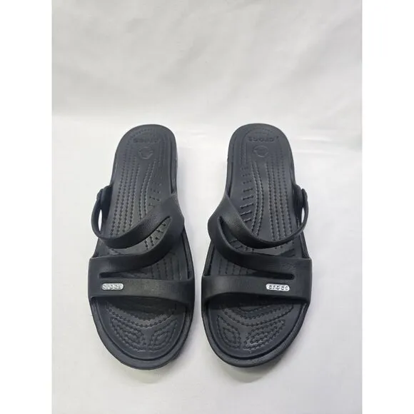 Crocs Patricia Wedge Strappy Slide Slip On Sandals Womens Size 9 Black