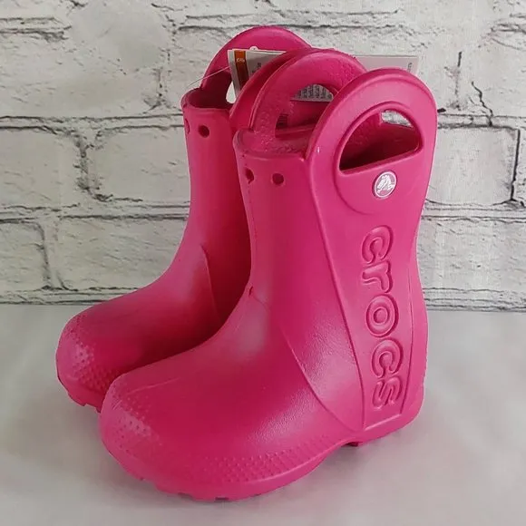 'CROCS' RAIN BOOTS 'HANDL IT' SIDE CUT OUT, EASY PULL~ON, TODDLER 7, CANDY PINK